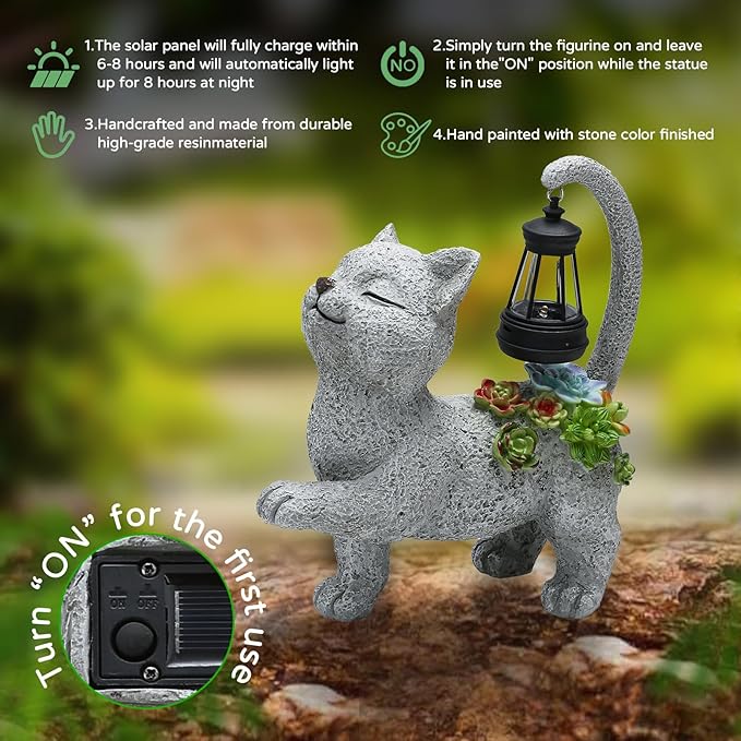 Solar Garden Outdoor Statues Cat with Succulent Solar Lantern, Lawn Decor Kitten Figurine for Patio Balcony Yard, Yard Unique Christmas Birthdays Gift for Mom Grandma