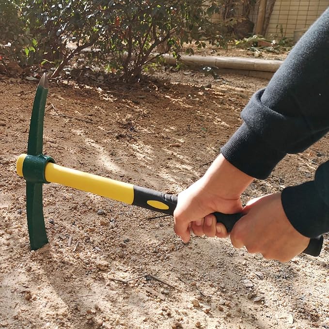 KINJOEK 17.7 Inch Pick Mattock Hoe, Forged Weeding Pickaxe Garden Pick Axe with Fiberglass Handle for Digging, Loosening Soil, Gardening, Camping or Prospecting