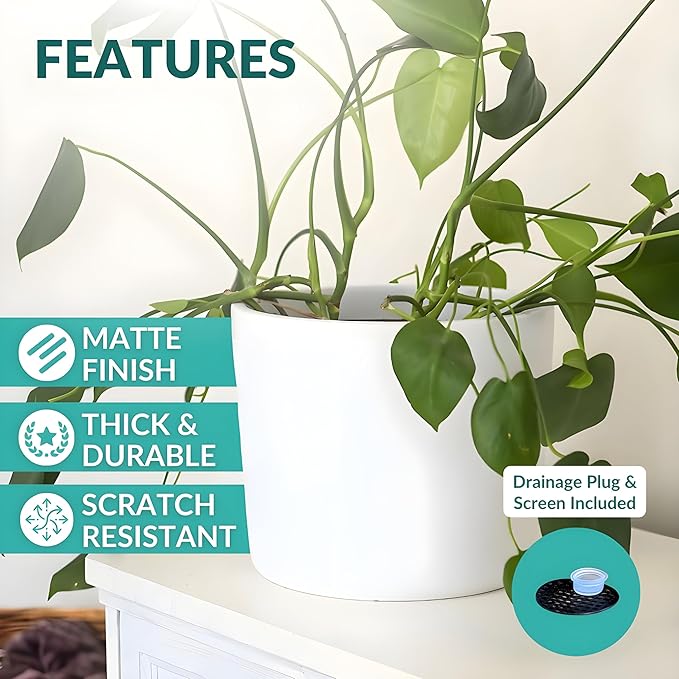 Willowy 12 inch Large Matte White Ceramic Planter - 12 Inch Pots for Plants Indoor, Modern White Planters for Indoor Plants, Big 12 Inch Plant Pot, White Plant Pot with Drainage Hole Plug