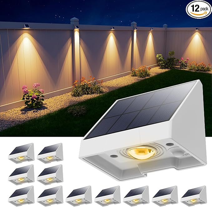 12 Pack Decorative Solar Powered Fence Lights Outdoor Waterproof with Warm White LED Spot Lens, for Outside Deck, Patio, Yard, Rail, Garage, Designed for Wall Lighting, Easy Install ( White Shell )
