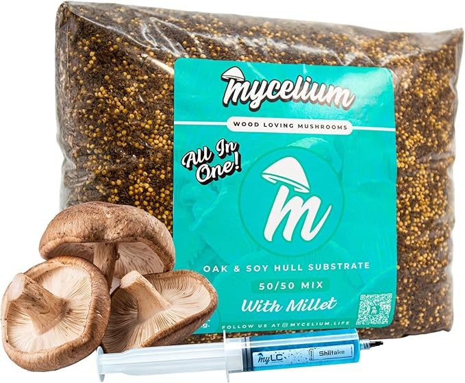 Mycelium’s Shiitake Gourmet Mushroom Kit | 8LBS Oak & Soy Hull with Millet Blend | 20ML Liquid Culture Syringe | All-in-One Complete Cultivation Kit | Pre-Sterilized - Home Growing Made Easy