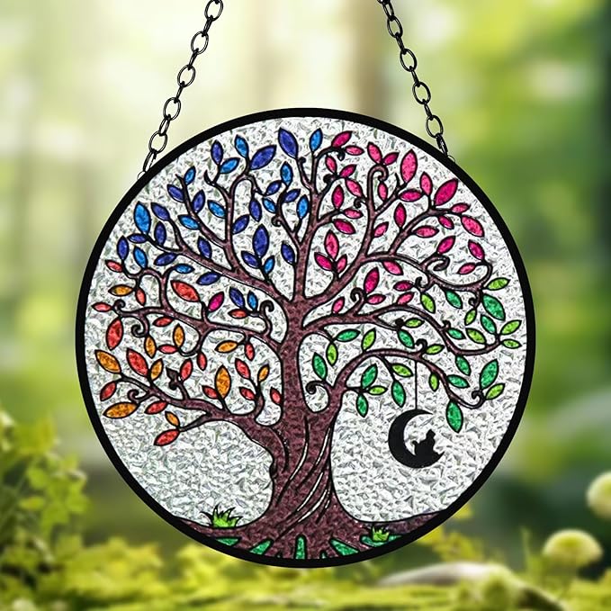 Artificial Trees of Life Suncatchers for Home Decorative Hanging Ornaments with Stick Hook for Window Hanging Hand-Painted Fake Plants Tree&Cat Memorial Gifts for Women 6.3'' * 6.3''