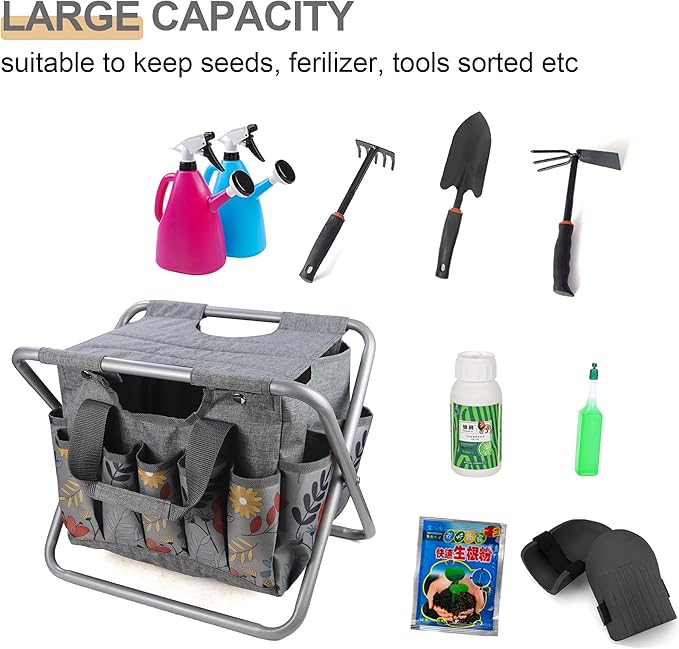 MDSTOP Folding Gardening Stool with Detachable Storage Tote Bag, Gardening Tools Set Organizer for Fishing Outdoor Sports Hiking Camping Garden, Gardening Gifts for Mom/Dad, Without Tools (Aluminum)