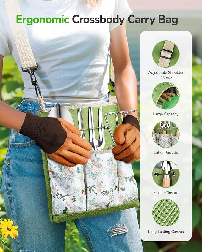 All-in-One Garden Tool Set, 11-Piece Heavy Duty Gardening Tools with Ergonomic Canvas Shoulder Crossbody Bag, Rust-Proof Premium Garden Tool Kit, Gardening Gift for Women Men
