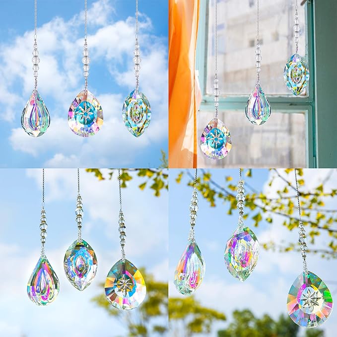 HDCRYSTALGIFTS Pack of 3 Crystal Suncatchers,AB Colored Sun Catchers with Crystals for Window Hanging Rainbow Maker Prisms Suncatchers Indoor Outdoor Decorations Ornaments