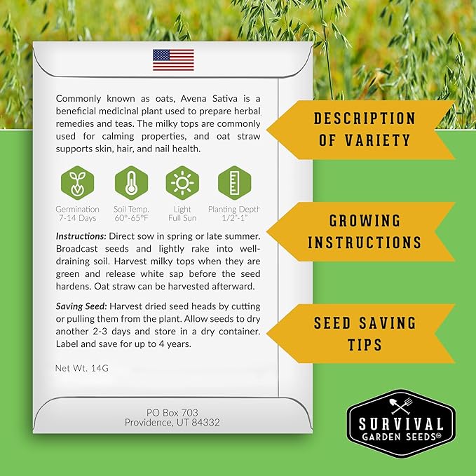 Survival Garden Seeds - Oat Seed for Planting - 5 Packs with Instructions to Plant & Grow Avena Sativa in Your Home Vegetable or Herb Garden - Medicinal Herb & Cover Crop - Non-GMO Heirloom Variety