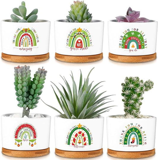 Sieral 6 Pcs Thank You Gift Appreciation Gift Succulent Pots Mini Ceramic Plant Pot with Bamboo Tray Succulent Planter for Coworker Employee Teacher School Counselor, Plants Excluded(Joyous Style)