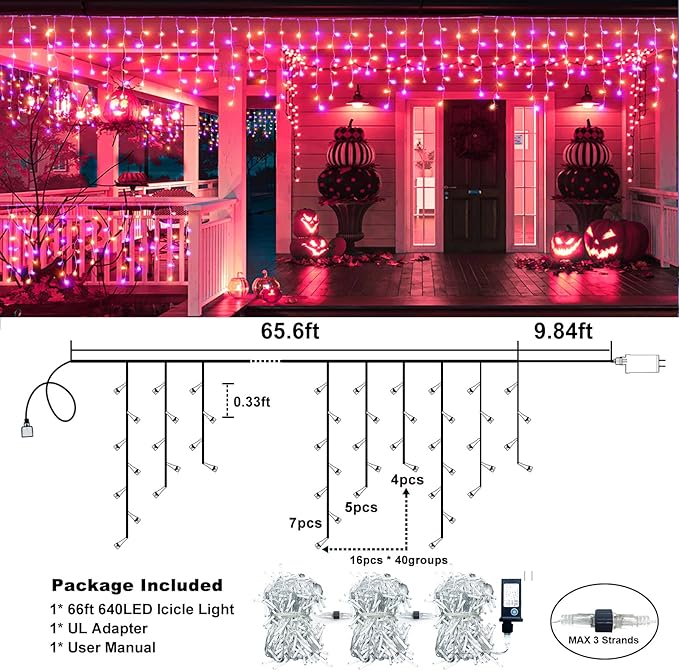 Christmas Icicle Lights Outdoor, 66ft 640 LED Icicle Lights for Outside with 8 Modes Timers, Waterproof Plug in Twinkle String Light for House Eave Patio Party Holiday Decorations, Purple Orange