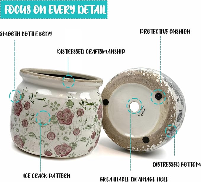 Vintage Grey Ceramic Ice Crack Flower Pot with Drainage Holes, Country Rustic Planters for Indoor and Outdoor,Tuscan Decor,Home,Living Room, Garden Decor, Gardening Gift