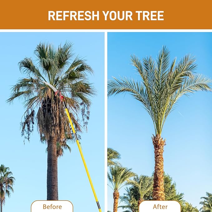 Outvita Manual Pole Saw, 26 Feet Extendable Tree Pruner with Knives and Storage Pocket, Sharp Steel Blade and Scissors High Branches Trimming for Pruning Palms and Shrubs（Yellow）