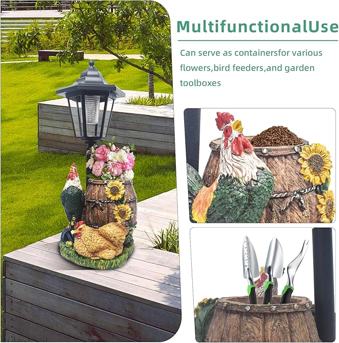 Rooster Statues Outdoor Solar Sculptures with Solar Lights and Flowerpot Funny Garden Decor Animal Figurines Resin Outdoor Statues for Patio Yard Lawn Balcony Grandma Mom Gifts