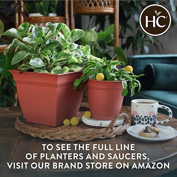 The HC Companies 8 Inch Eclipse Square Planter with Saucer - Indoor Outdoor Plant Pot for Flowers Vegetables Herbs, Warm Gray (Pack of 4)