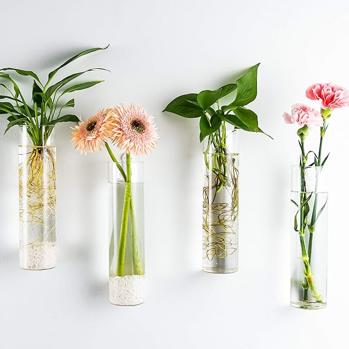 Kingbuy Wall Hanging Plant Terrarium Propagation Station Glass Planter for Home Office Decor, Large Cylinder Vase, 4 Pack