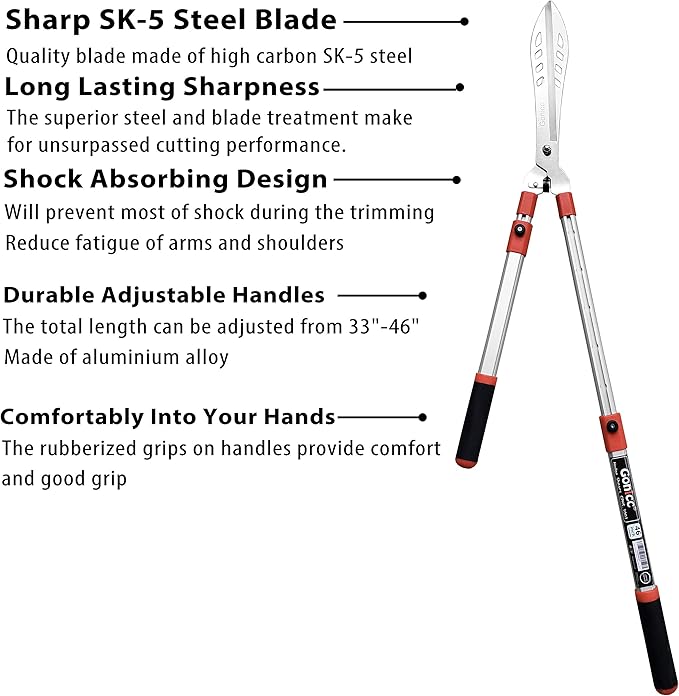 gonicc Professional Adjustable 33"+ 13" Hedge Shears. Handle Length Range 19"-32", with Wavy SK-5 Steel Blade, Adjustable Blade Pressure,Garden Pruning Hand Hedge Trimmers, Grass Clippers Shears