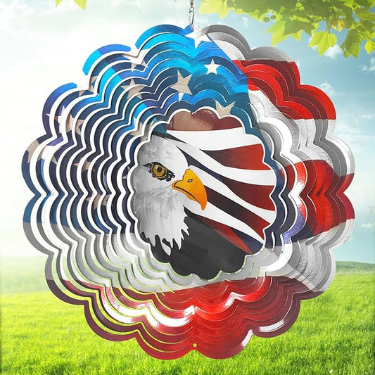 Wind Spinner - American Flag Eagle Wind Spinners, Hanging Wind Sculptures, 12in 3D Metal Birds Wind Catcher, Outdoor Garden Decor Yard Art Patriotic Decoration Eagle Gifts for Men Women