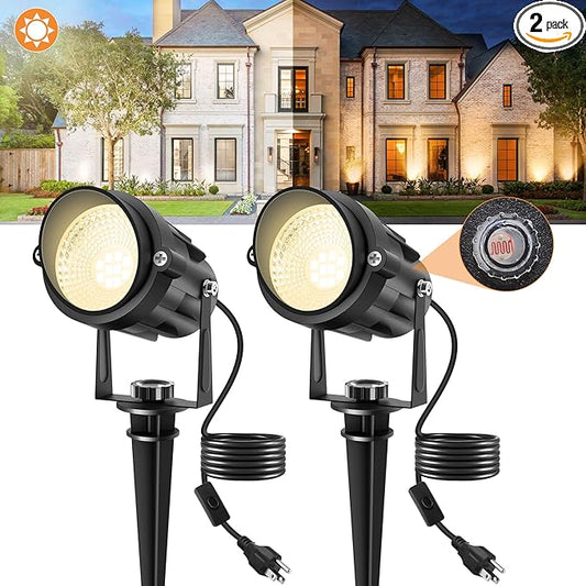 Dusk to Dawn Outdoor LED Spotlight, Outdoor Landscape Lighting with Photocell Sensor, 3000K Warm White Waterproof Spot Lights for Yard Flag Pole House Garden Tree(2 Pack)