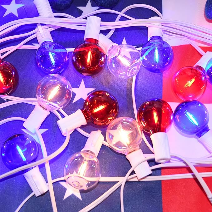 G40 LED Red White and Blue Lights, 27.8 FT 4th of July Lights Plug in with 25+3 Bulbs, Patriotic Decorations Outdoor String Light for Memorial Day Independence Day Patio Garden Backyard Bistro Decor