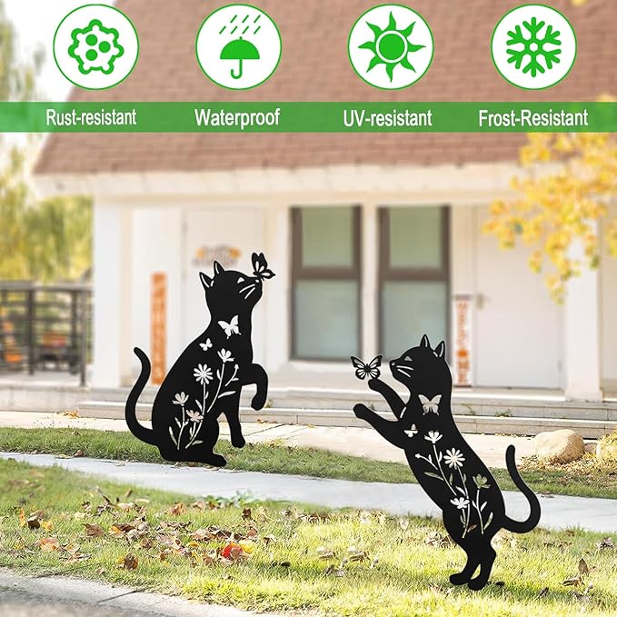 Metal Cat Garden Decor for Outside,Set of 2 Black Cat Silhouette Garden Stakes,Cat Yard Decor Outdoor
