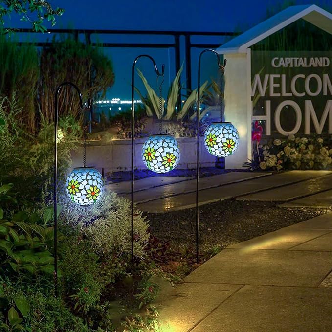 VCUTEKA Solar Lanterns Outdoor Waterproof - Hanging Solar Lights Garden LED Lanterns Mosaic Glass Design for Landscape Patio Yard Garden Pathway Decoration