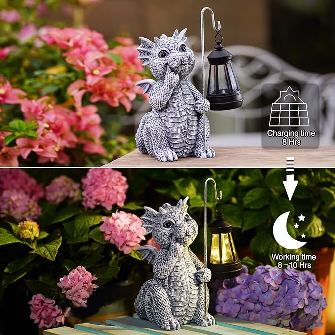 Goodeco Dragon Statue with Solar Lantern - Garden Decor for Lawn, Patio, and Yard - 8.3 inches Dragon Gifts & Outdoor Decorations
