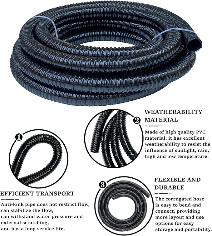PEISONGFFI 1" ID- 10 Ft Corrugated Water Hose Black Corrugated Strong Flexible Pond PVC Sump Pump DischargeTubing