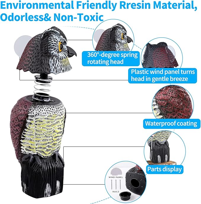 Owl Decoys to Scare Birds & Squirrels Away, 360 Rotating Head, Plastic Garden Owls for Indoor/Outdoor Use