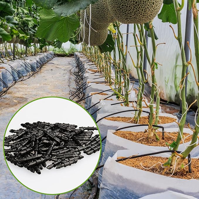 JAYEE 100 Pack Drip Irrigation 1/4” Barbed Coupling Fittings, Barbed Connectors Fits Universal 1/4-Inch Drip Tubing, Irrigation Coupler for Drip or Sprinkler System