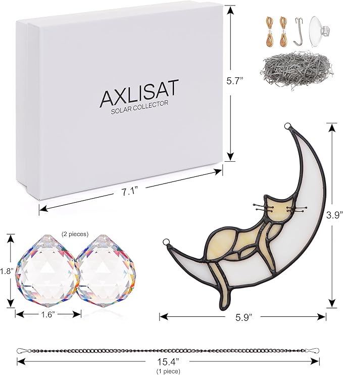 Yellow Cat Decor On Blue Moon Stained Glass for Window, Crystals Suncatchers for Window Ball Prism Rainbow Maker Chain Easy Hanging 2 Balls and 1White Gift Boxes for Cat Lovers Halloween Decor