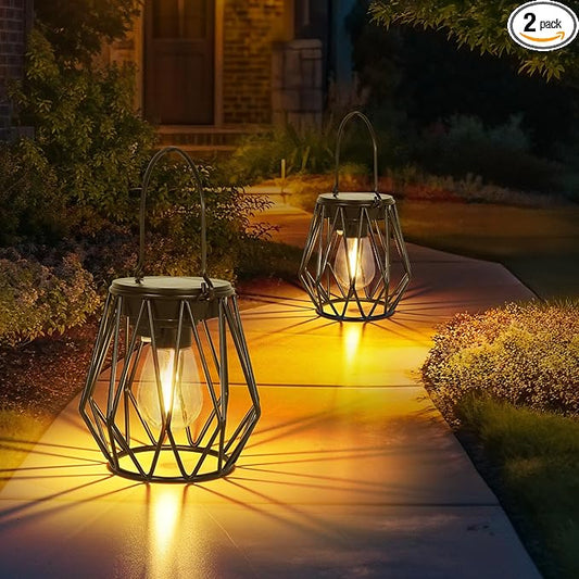 Solar Lanterns Outdoor Waterproof, Upgraded Powered Hanging Solar Lights for Outside, Auto On/Off, Brighter Hanging Outdoor Decor Lights for Yard Garden Patio Pathway 2 Pack