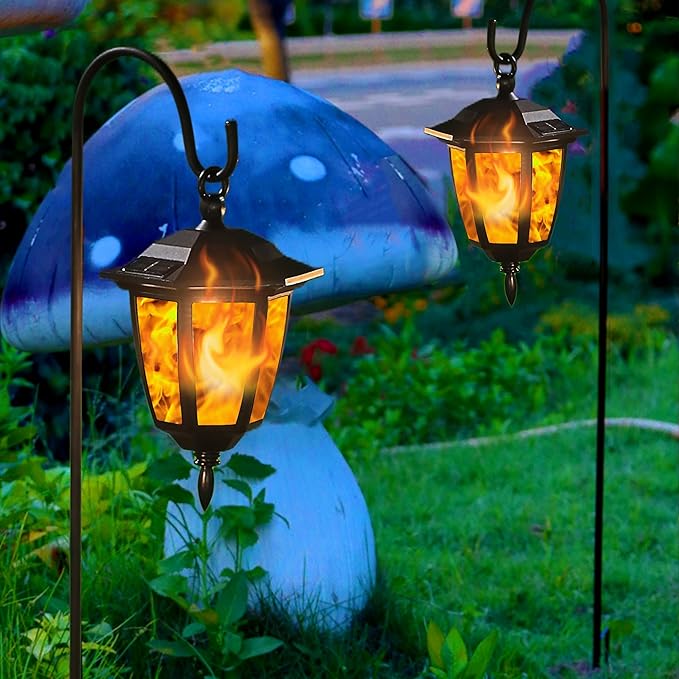 Dynaming 2 Pack Solar Flame Hanging Lights Outdoor, Solar Flickering Flame LED Garden Lanterns with 2 x 38 Inch Shepherd Hooks, Landscape Lighting Waterproof for Lawn Patio Yard Pathway Driveway