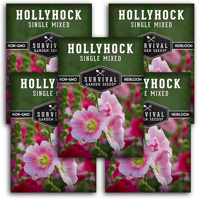 Survival Garden Seeds - Single Mixed Hollyhock Seed for Planting - 5 Packs with Instructions to Plant and Grow Colorful Spikes of Flowers in Your Home Vegetable Garden - Non-GMO Heirloom Variety