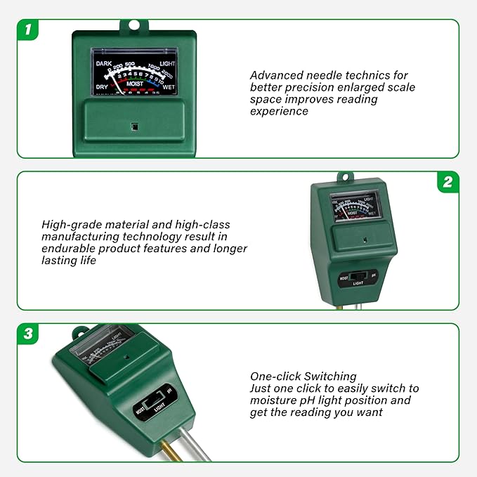 iPower 3-in-1 Plant Moisture/Light/PH Meter, Soil Test Kit for Gardening, Farming, Indoor & Outdoor Use