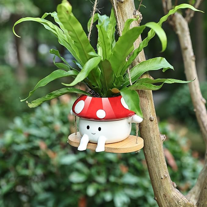 Fungi Fun Mushroom Swing Face Planter Pot, Hanging Ceramic Flower Head Planters for Indoor Outdoor Plants, Succulent Pots for String of Pearls Plant, Live Gift Ideas