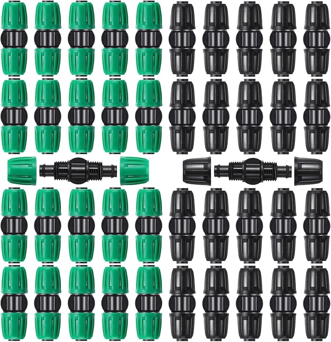 Frienda 40 Pcs Barbed Tee 1/2 Inch Tubing (1/2" IDx0.6-0.63" OD) 16mm to 1/4 Inch Irrigation Tube Fittings Drip Irrigation Parts Anti Drop Locked Reducing Tee for Drip Hose, Green and Black