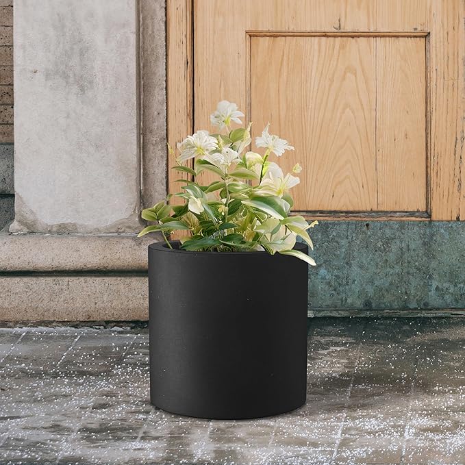 Kante 12.6" Dia Round Concrete Planter, Modern Style Large Cylindrical Plant Pot with Drainage Hole and Rubber Plug for Indoor Outdoor Patio, Black