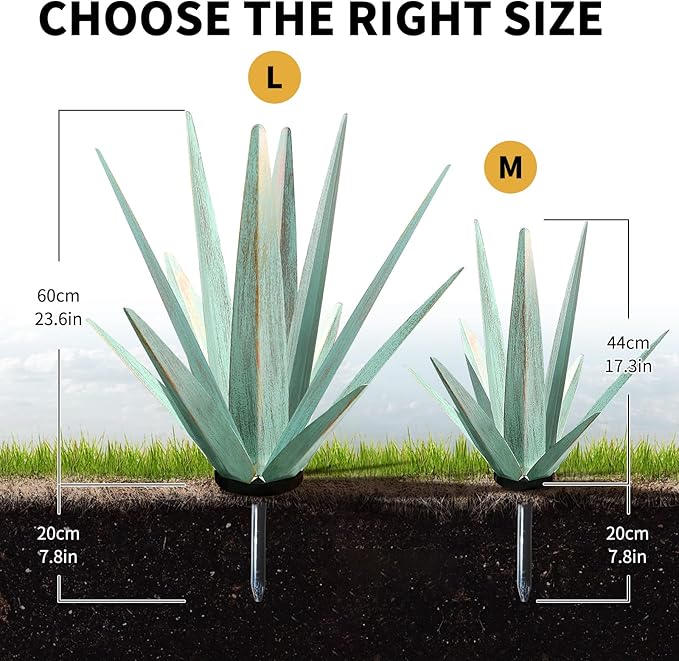 Large Tequila Rustic Sculpture, Rustic Metal Agave Plants for Outdoor Patio Yard, Home Decor Hand Painted Metal Agave Garden Yard Statue, Outdoor Lawn Ornaments (Mint Green - L)