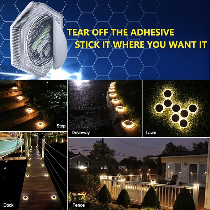 YiLaie Solar Deck Dock Lights 6 Packs Hexagon Warm White Step Lights Outdoor Waterproof Solar Powered for Driveway Post Fence Stairs Yard Patio Pathway Porch