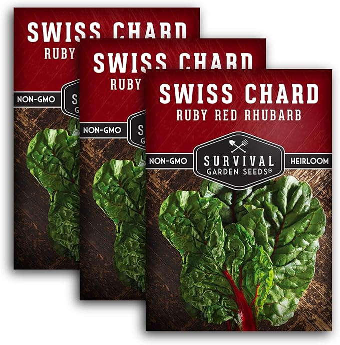 Survival Garden Seeds - Ruby Red Rhubarb Swiss Chard Seed for Planting - 3 Packs with Instructions to Plant and Grow Delicious Leafy Greens in Your Home Vegetable Garden - Non-GMO Heirloom Variety