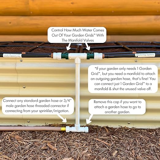 Garden Grid Connection Manifold | Connect Neighboring Garden Grids or Just 1 and/or Daisy-Chain from Manifold to Manifold with Garden Hoses to Connect Many Garden Grids | 16” Height