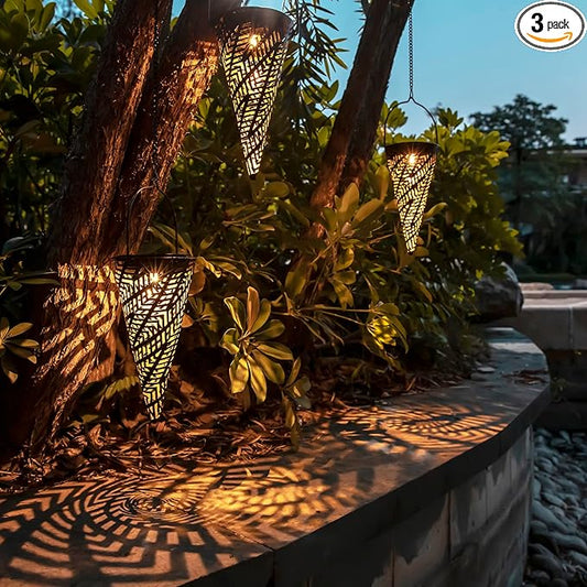 Outdoor Decorative Solar Hanging Lights with Delicate Hollow Conical Lantern Design - Set of 3 Chandelier for Patio, Tree, Garden, Yard, Porch, Backyard Pathway and Christmas Decoration.