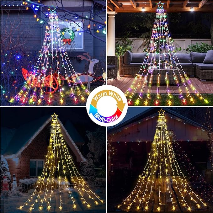 Christmas Decoration Lights, Outdoor String Lights 320 LED 11.5 Ft Waterfall Tree With Big Star Topper 8 Modes for New Year Holiday Garden Yard Indoor Outdoor Decor