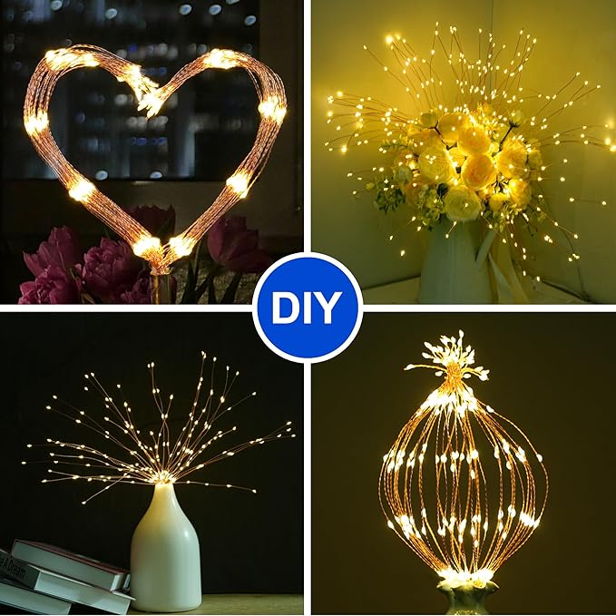 Solar Firework Lights Outdoor, 1000 LED Starburst Light Outdoor with USB Rechargerable, 8 Modes Waterproof Solar Hanging Lights for Gazebo Yard Party Wedding Decorations (Warm White, 1000 LED)