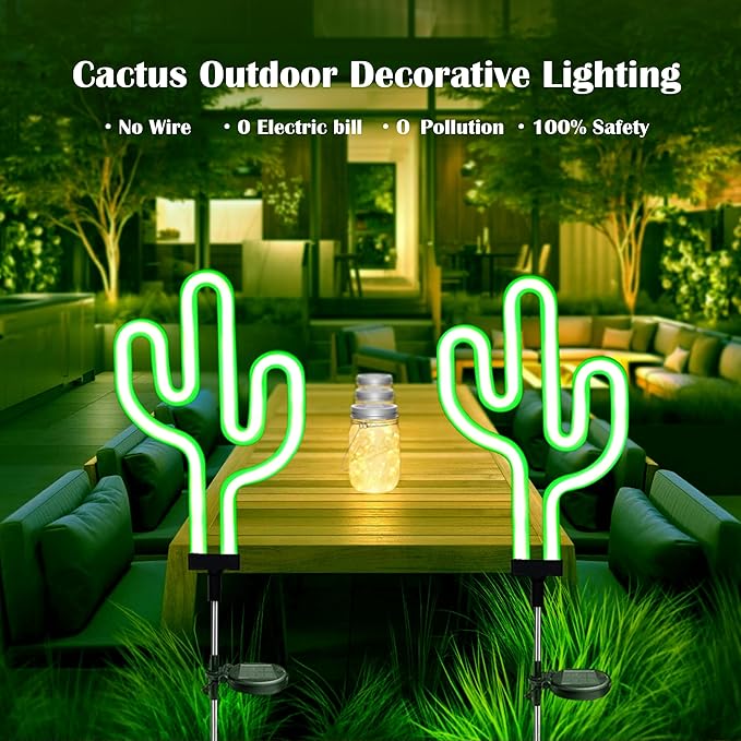 SunKite Cactus Solar Garden Stake Lights - Outdoor Waterproof Neon Lights for Garden, Yard, Lawn, Pathway, Patio, Backyard (2 Pack)