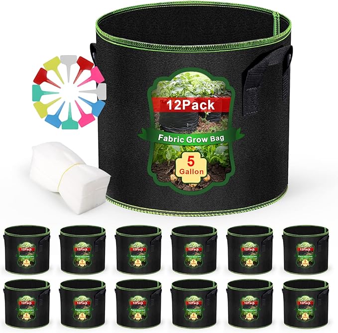 Grow Bags - Potato Grow Bags - Thickened Fabric Pots - Large Grow Bags - Tomato Vegetables Grow Bags (12 Pack(5 Gallon)