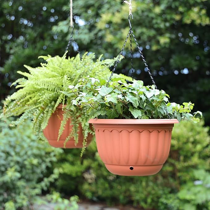 YIKUSH Hanging Planter for Indoor and Outdoor Plants 2 Pack 12 inch Flower Pot Plastic Plant Pot with Drainage Hole and Absorbing Tray（Terracotta）