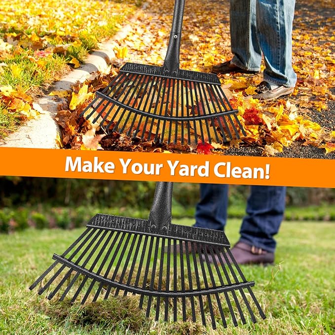 Rake, Garden Rake for Leaves, Heavy Duty Metal Leaf Rake with 37-79 inch Adjustable Long Steel Handle, 25 Tines 18" Wide Yard Rake for Lawns Flower Bed Grass Mulch Shrub Camping Gardening