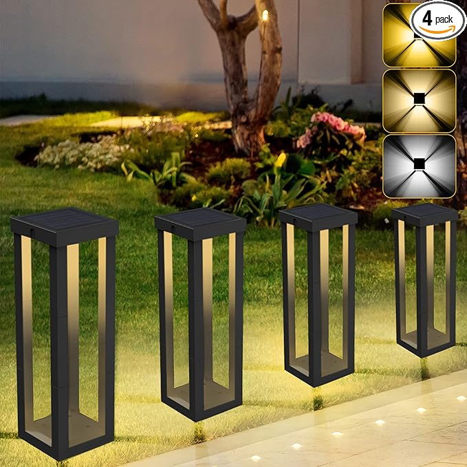 Solar Patio Floor Lamp Outdoor, 4 Pack Solar Landscape Path Lights with 3 Light Modes, Garden Decorations Waterproof 12H Endurance Cordless Landscaping for Porch Lawn Yard Backyard (Black)
