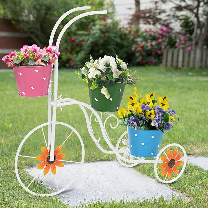 BAYN Bicycle Planter Stand, Metal Flower Pot Cart Holder Tricycle Planter with 3 Plant Bucket Outdoor Decorative for Patio, Deck, Garden, Lawn