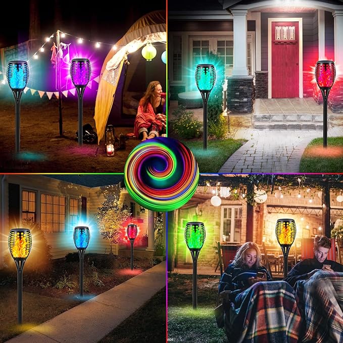 RGB Colorful Solar Torch Light 4 Pcs Solar Lights Outdoor 96 LED Upgraded Waterproof Landscape Garden Pathway Light with Vivid Dancing Flickering Flames for Yard Decoration
