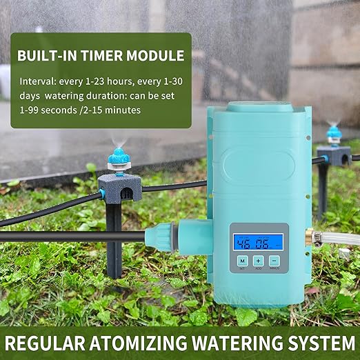 Automatic drip Irrigation Sprinkler kit, LCD Display, Supporting 15 nozzles, with Multiple Installation Methods for nozzles, Automatic Watering System for Plants,with Digital Programmable Water Timer